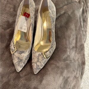 INC International Concepts Black and White Patterned Heels with Gold Buckle